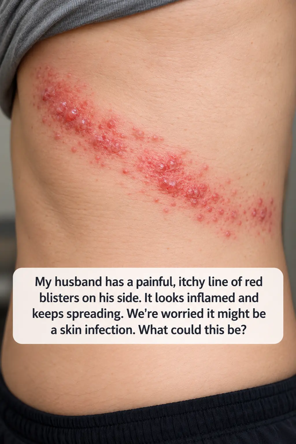 My husband has clusters of red, inflamed bumps spreading across his side, and the itching is unbearable. We’re worried it might be an infection. What could be causing this?