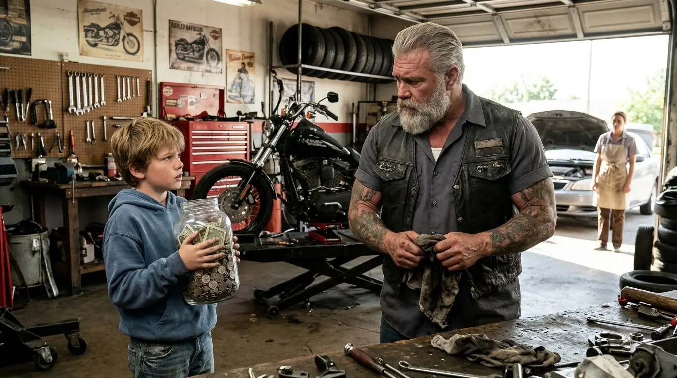 A 10-Year-Old Boy Brought $83 in Coins to a Biker Garage to Save His Mom’s Car — Then the Giant Mechanic Made a Decision That Changed Their Lives Forever