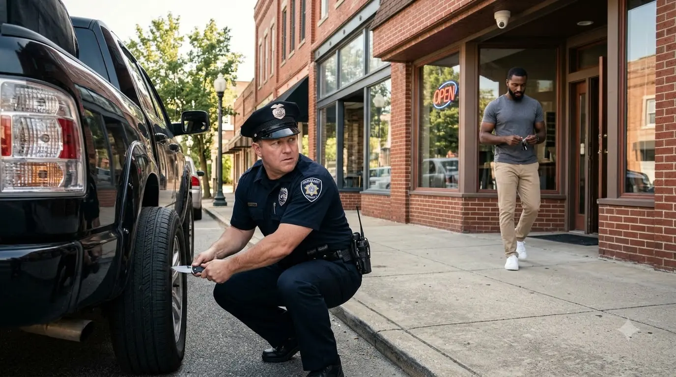 A Police Sergeant Slashed a Man’s Truck Tire — Someone Inside the Hardware Store Was Watching
