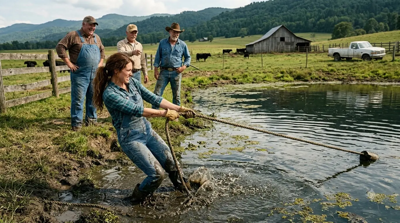 Three Ranchers Laughed as She Dragged a Rope Through Her Farm Pond — Then Something Huge Moved Beneath the Black Water
