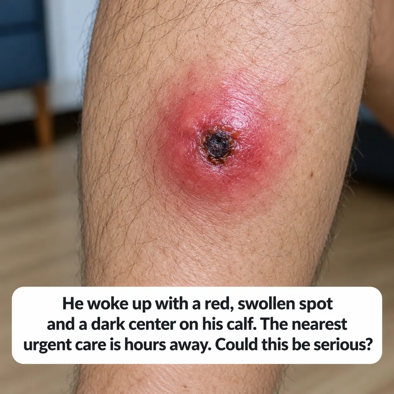 My husband woke up with a red, swollen sore on his calf with a dark, sunken center. We’re hours away from urgent care. Should we be worried?