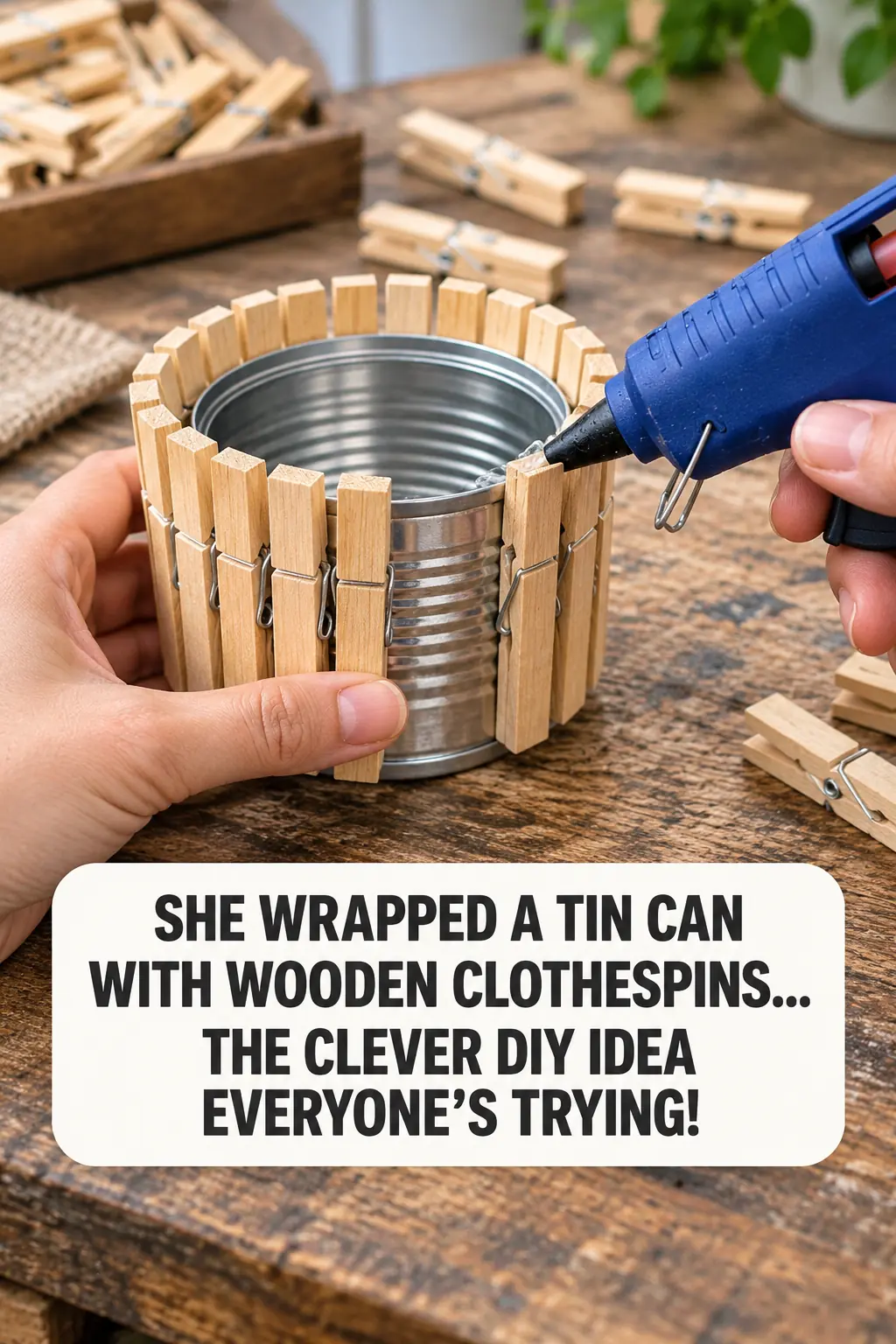 Lady glues 40 wooden clothespins around tuna can. You won't believe how fast this is spreading!