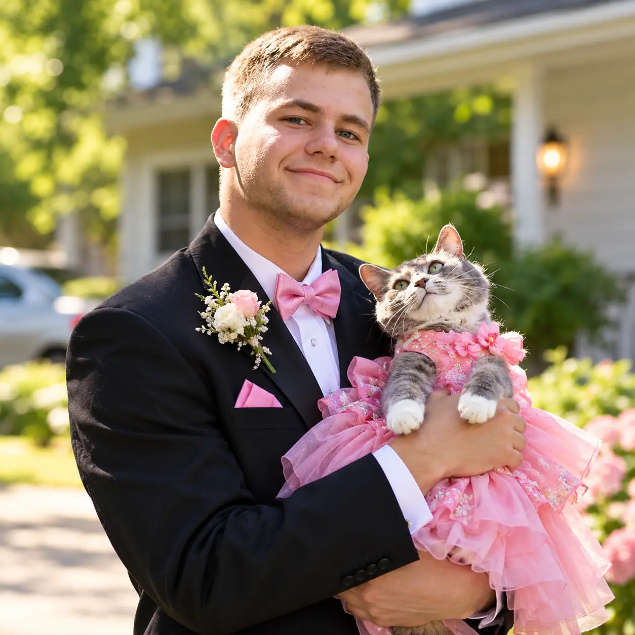 Teen Had No Date for Prom, So His Mom Dressed Up the Family Cat in a Pink Dress — and Their Adorable Photos Went Viral! 🐱💕😂